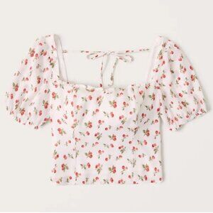 Abercrombie & Fitch Square Neck Puff Sleeve Top Cherry Print